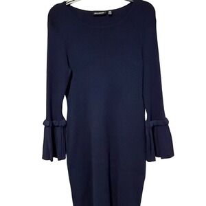 MWT NINA LEONARD Navy‎ Blue Ribbed Knit Bell Sleeve Sweater Dress Women's Size L
